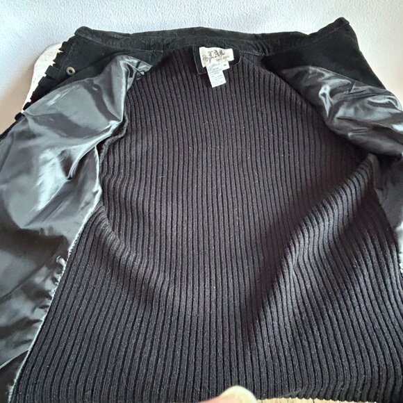 Black Suede & Knit Jacket Snap Closure Pockets Ruffle Front Size M - Picture 9 of 11